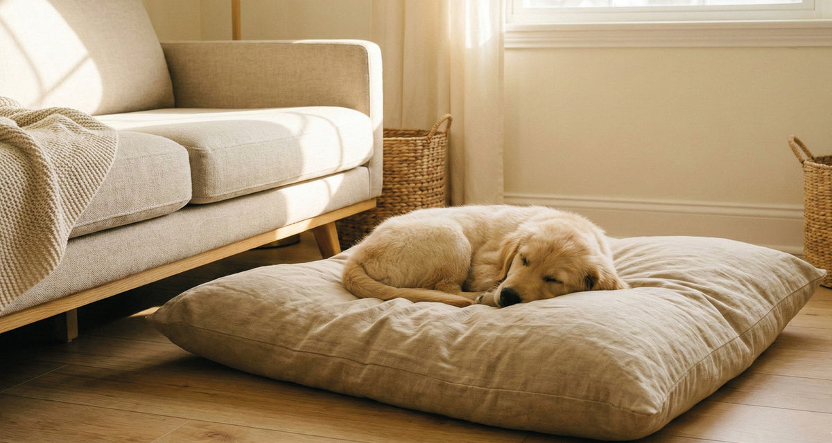 Schlafender Golden Retriever Welpe auf seinem Hundekissen zu Hause