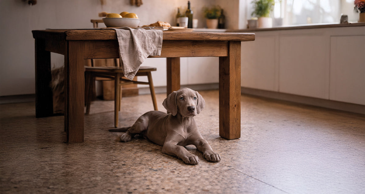 Weimaraner Welpe beim Erkunden seines neuen Zuhauses