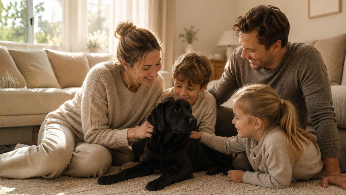 Familie mit schwarzem Labrador Welpen beim gemeinsamen Ankommen im neuen Zuhause
