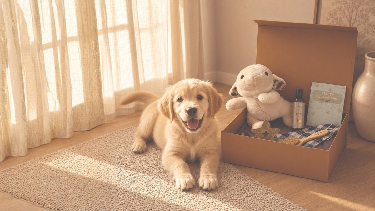 Golden Retriever Welpe neben geöffneter The Fetch Club Box mit ausgewählten Welpenprodukten