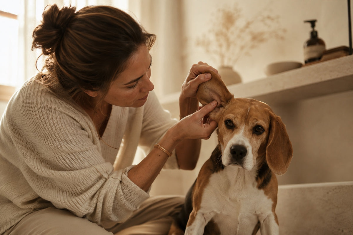 Beagle bei der Ohrenpflege mit seiner Halterin zu Hause