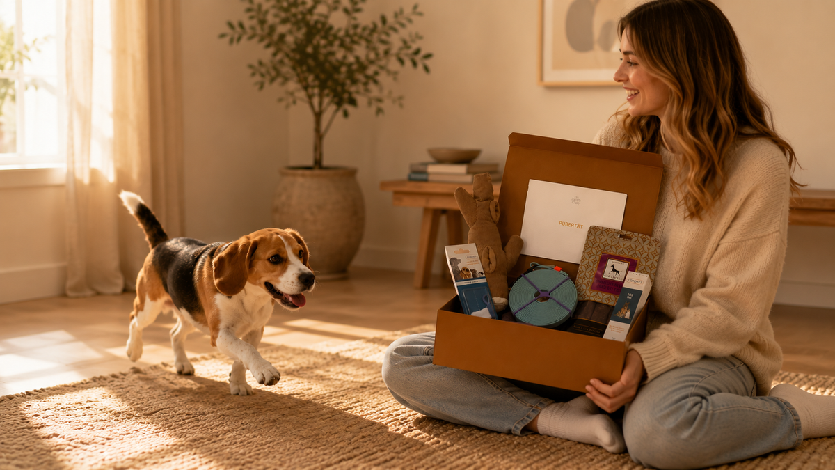 Beagle mit Halterin und geöffneter The Fetch Club Box für die Pubertätsphase