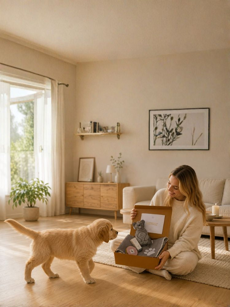 Welpe neben geöffneter The Fetch Club Box mit ausgewählten Produkten für seine Entwicklungsphase