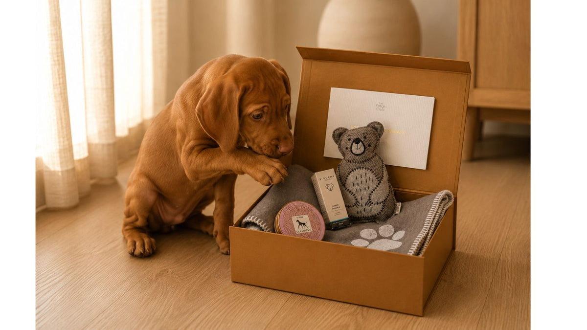 Magyar Vizsla Welpe entdeckt die The Fetch Club Box mit Produkten für seine Entwicklungsphase