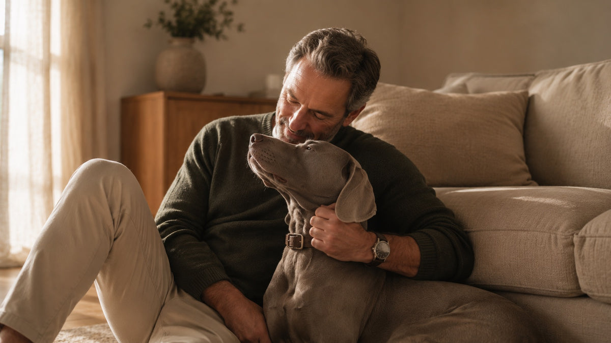 Weimaraner mit seinem Halter bei einem ruhigen Moment zu Hause