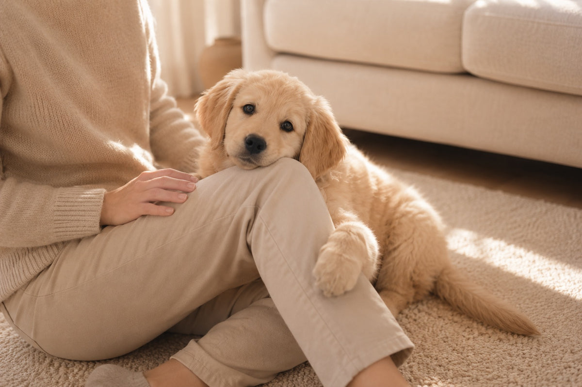 Golden Retriever Welpe mit seiner Bezugsperson in einer wichtigen Entwicklungsphase